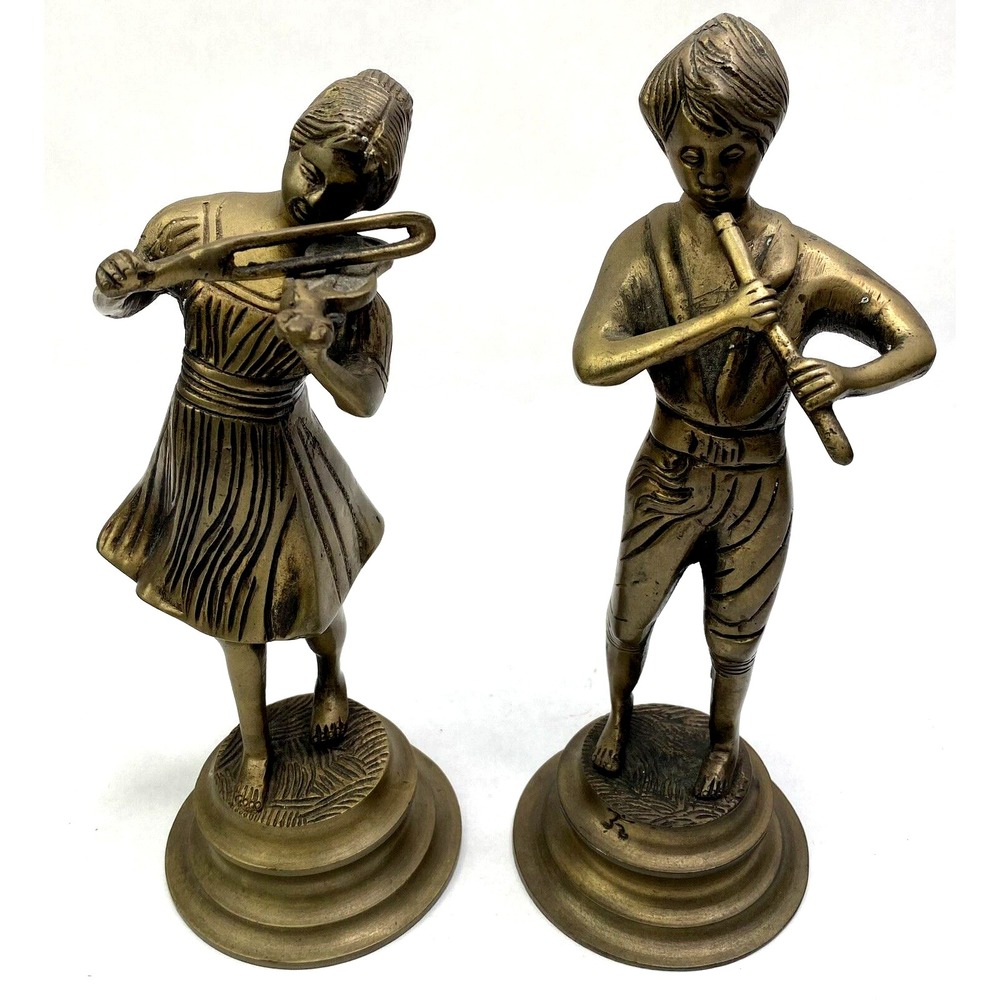 2 Solid Brass Musician Music Playing Figurines Cello Flute Etched Detail Signed?